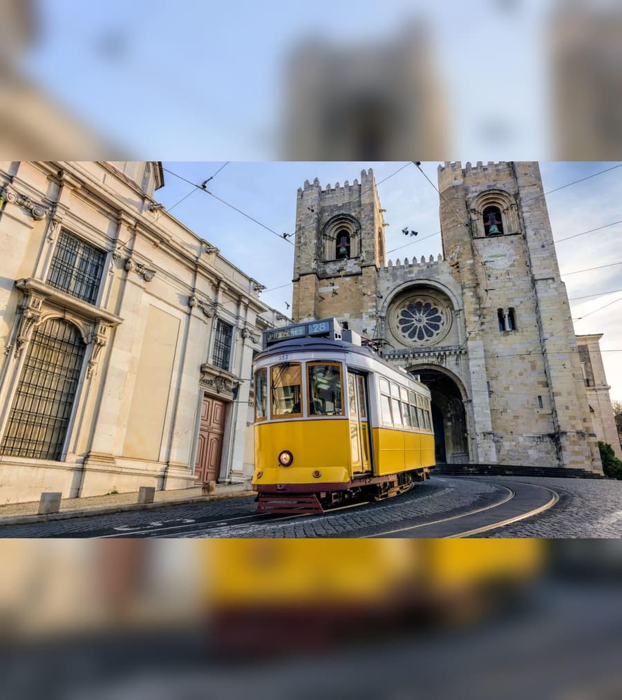 Tram 28 in front of Lisbon Cathedral